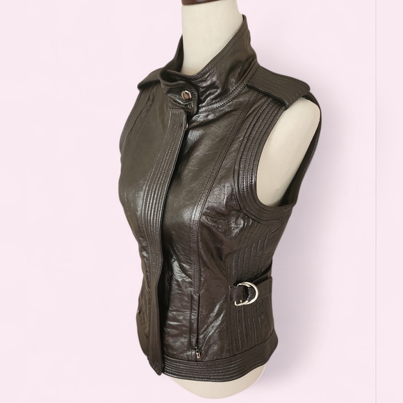 St. John Metallic Lambskin Leather Moto Biker Vest Silk Lined Sz 2 - Picture 2 of 16